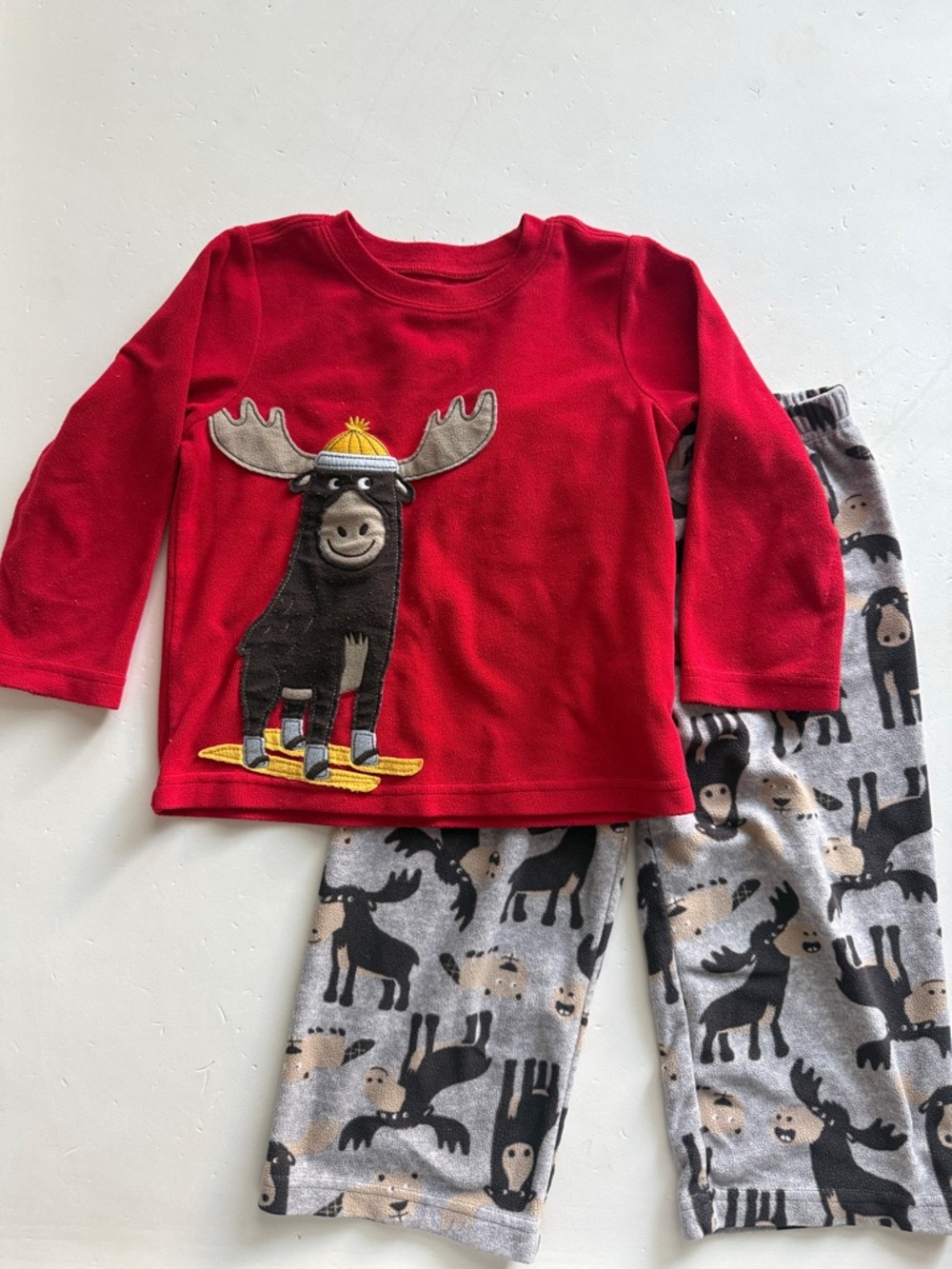 Carter’s Red Moose Graphic PJ Set Cozy Fleece Top & Moose Print Pants Boys 3T